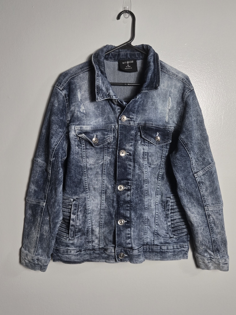 WT02 Mens Medium Acid Wash Distressed Moto Denim Trucker Jacket Ribbed Biker Top